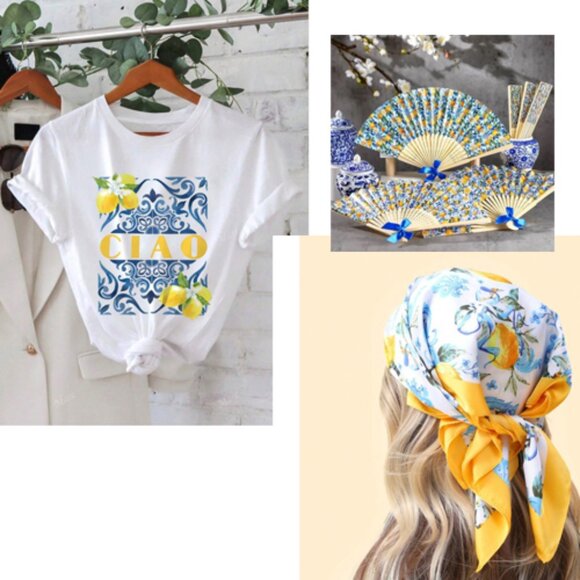 Tops - CIAO & Lemon Print Casual Round Neck Short Sleeve T-Shirt + Matching Scarf + Fan
